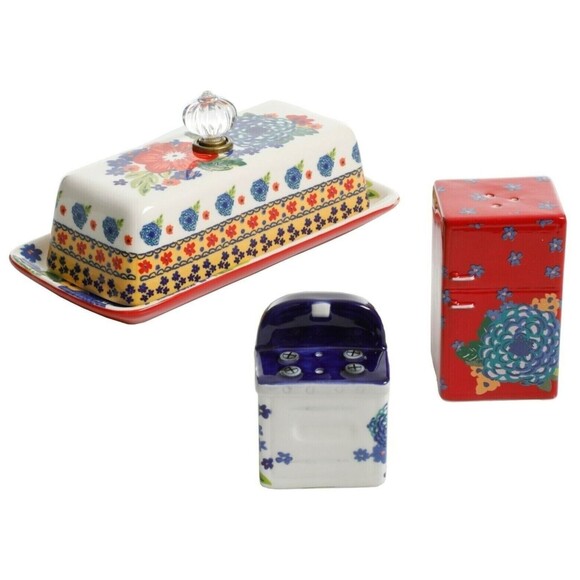 Pioneer Woman Dazzling Dahlias Butter Dish Salt Pepper Retro Serveware 4-Pc Gift